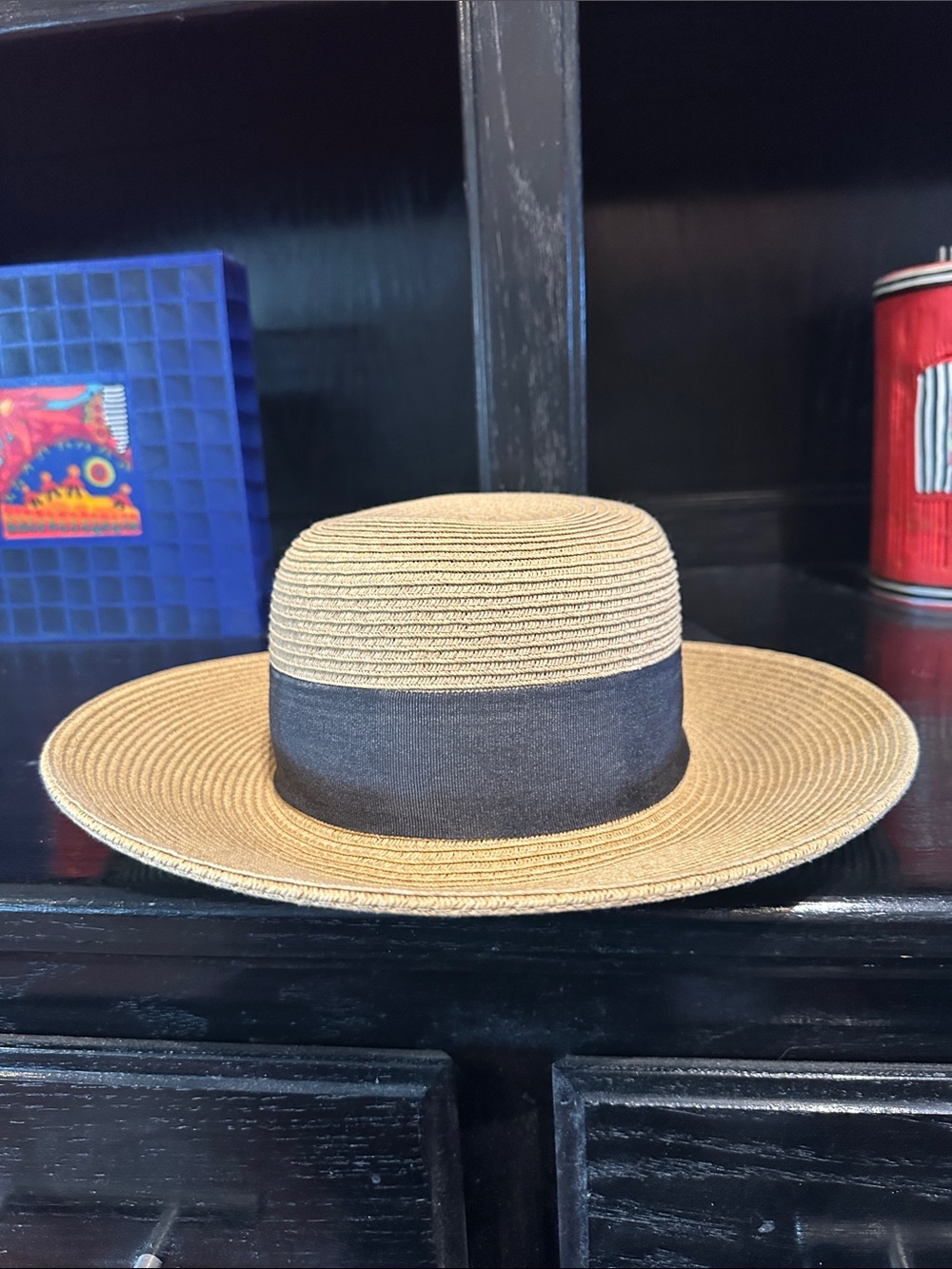 Scala Natural Straw Boater Hat With Black Ribbon - image 2